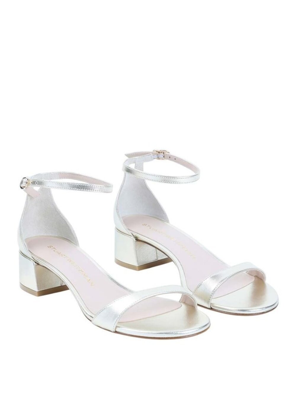 $550 STUART WEITZMAN LOW HEEL BLOCK Metallic Ankle-Strap Sandals SILVER 9 (DD5)